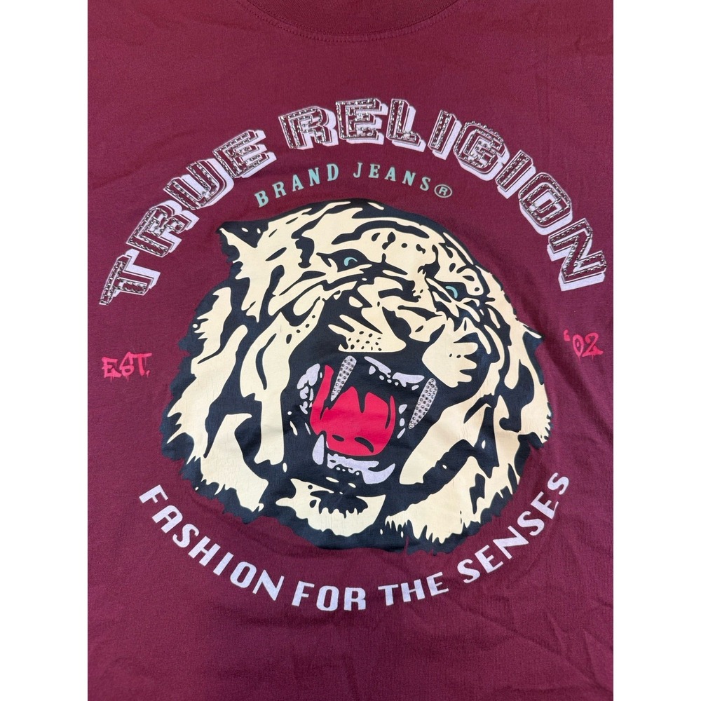 True Religion Shirt Mens 2XL Burgundy Tiger Graphic Fashion For The Senses - Picture 2 of 5
